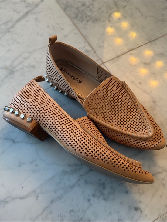 Jeffrey Campbell Shoes - Jeffrey Campbell Tan Perforated Leather Pointed Loafers with Silver Stud Heel